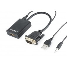 Переходник VGA - HDMI Cablexpert (A-VGA-HDMI-01)
Вхід 1 x VGA DB15 вилка + 3.5 мм стерео-аудіо вилка + USB-AM живлення
Вихід 1 x HDMI 19-контактів мама